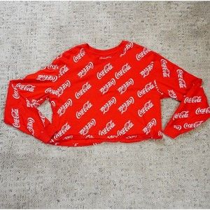 Coca-Cola Shirt Womens XLCropped All Over Print Logo Red Long Sleeve